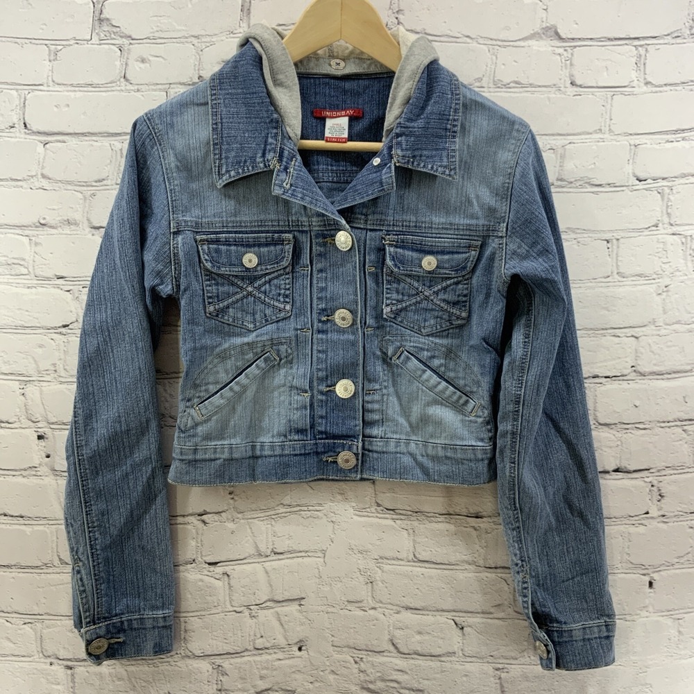 Union Bay Cropped Denim Jacket Sz‎ S Button Down Hoodie